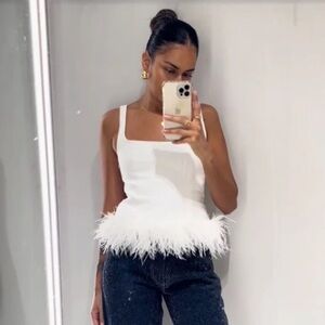 Zara NWT White Feather Trim Tank Top